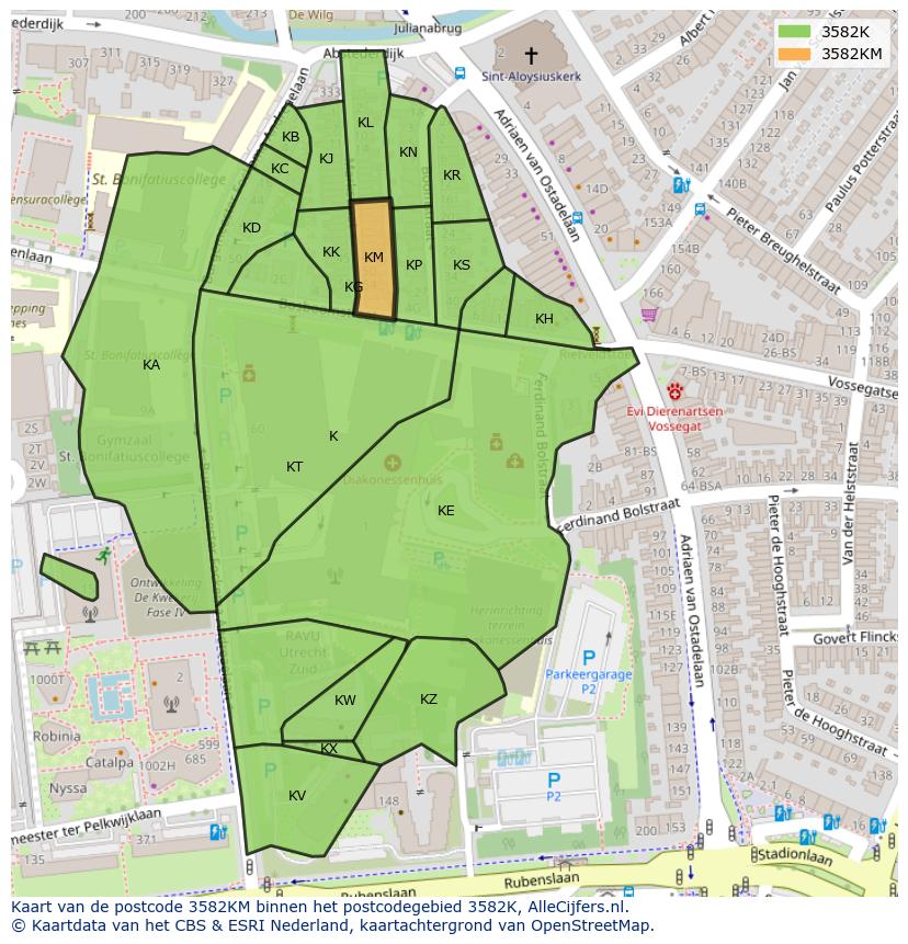 Afbeelding van het postcodegebied 3582 KM op de kaart.