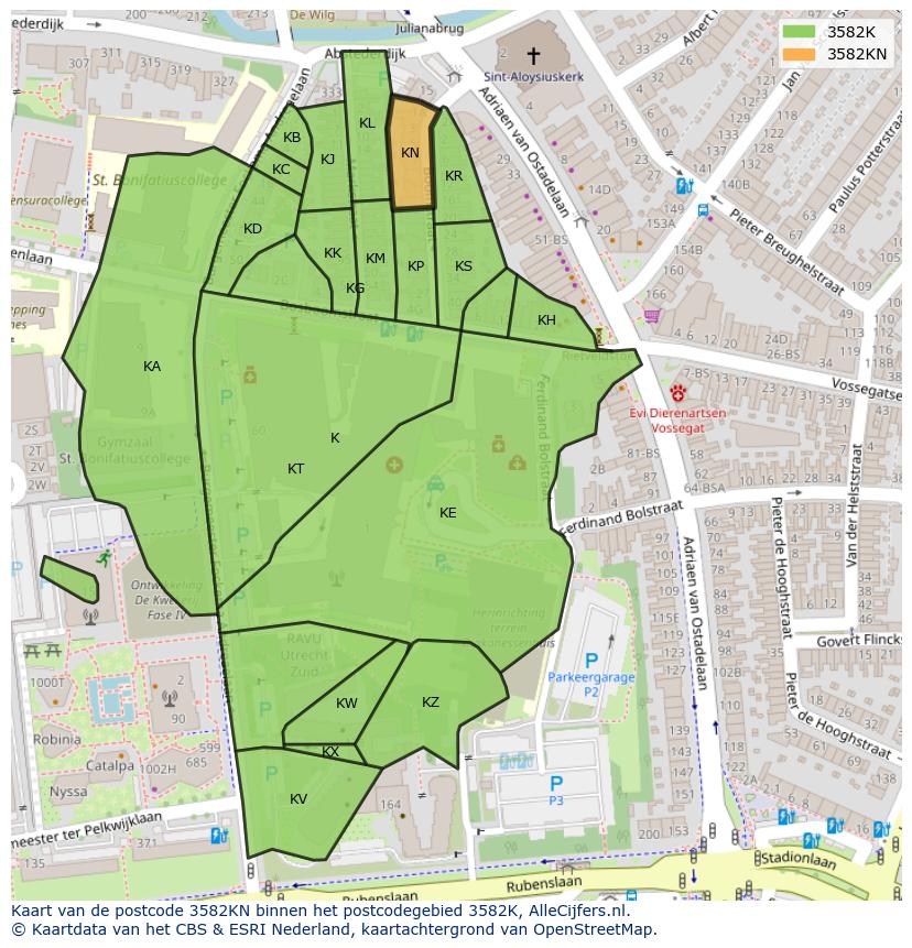 Afbeelding van het postcodegebied 3582 KN op de kaart.