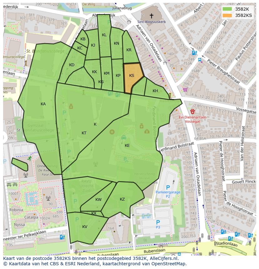 Afbeelding van het postcodegebied 3582 KS op de kaart.