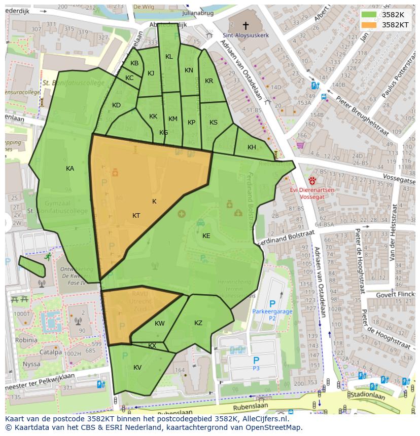 Afbeelding van het postcodegebied 3582 KT op de kaart.