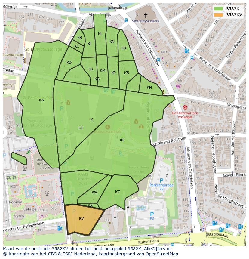 Afbeelding van het postcodegebied 3582 KV op de kaart.