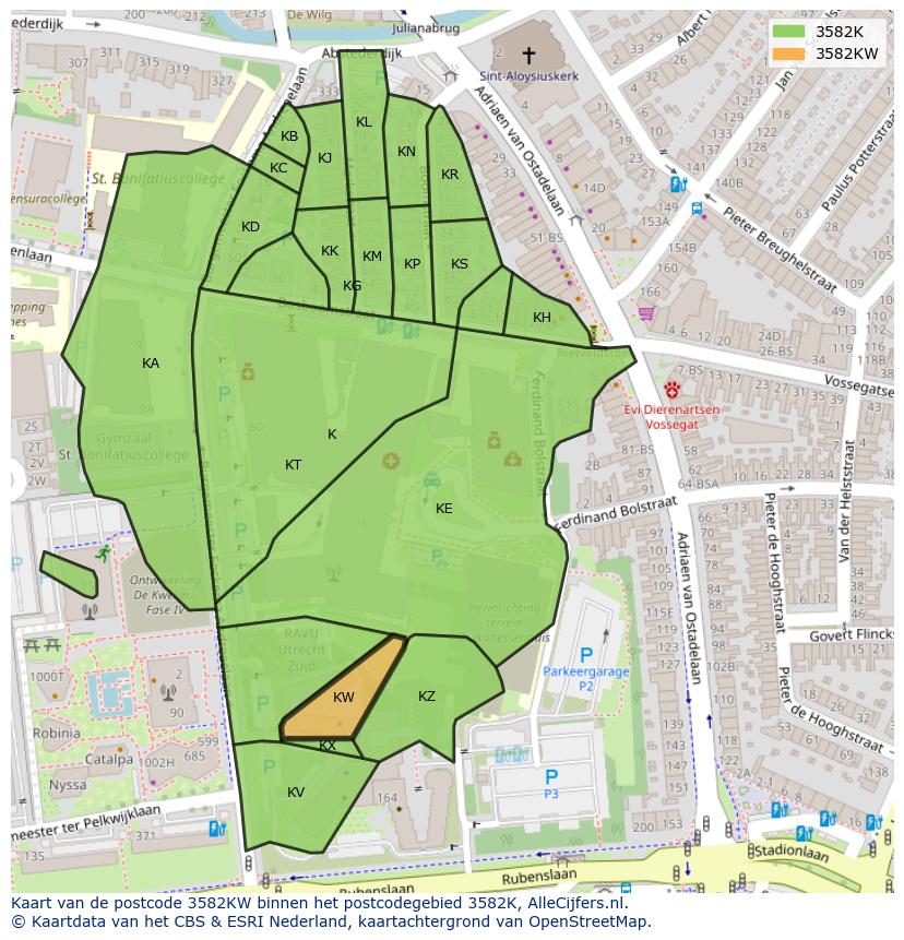 Afbeelding van het postcodegebied 3582 KW op de kaart.