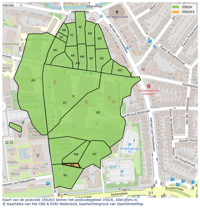 Afbeelding van het postcodegebied 3582 KX op de kaart.