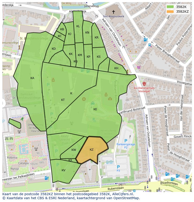 Afbeelding van het postcodegebied 3582 KZ op de kaart.