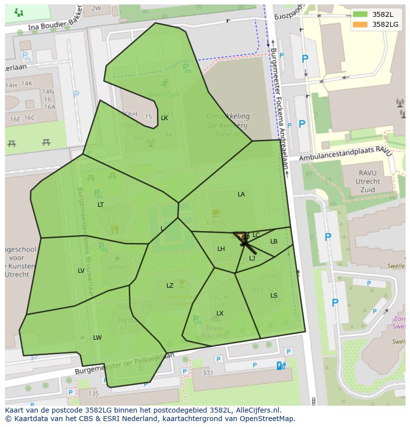 Afbeelding van het postcodegebied 3582 LG op de kaart.