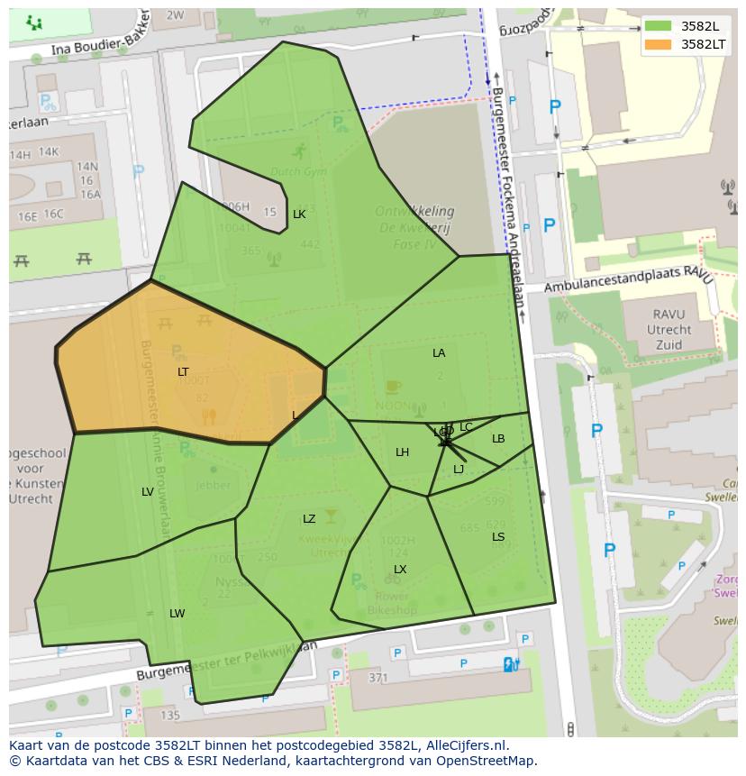 Afbeelding van het postcodegebied 3582 LT op de kaart.