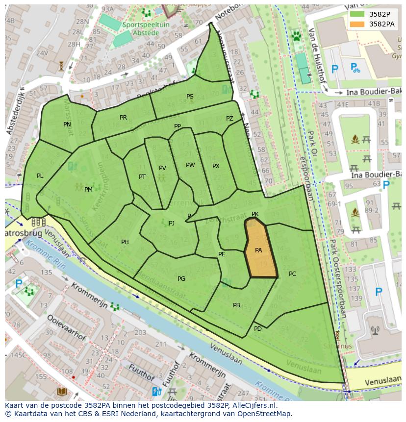 Afbeelding van het postcodegebied 3582 PA op de kaart.