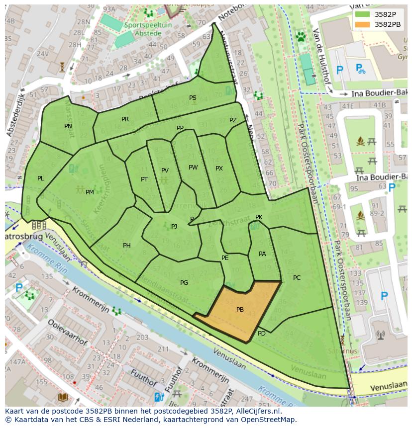 Afbeelding van het postcodegebied 3582 PB op de kaart.