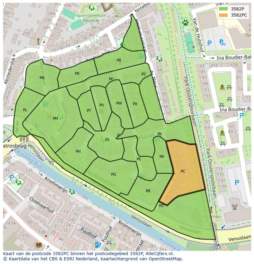 Afbeelding van het postcodegebied 3582 PC op de kaart.