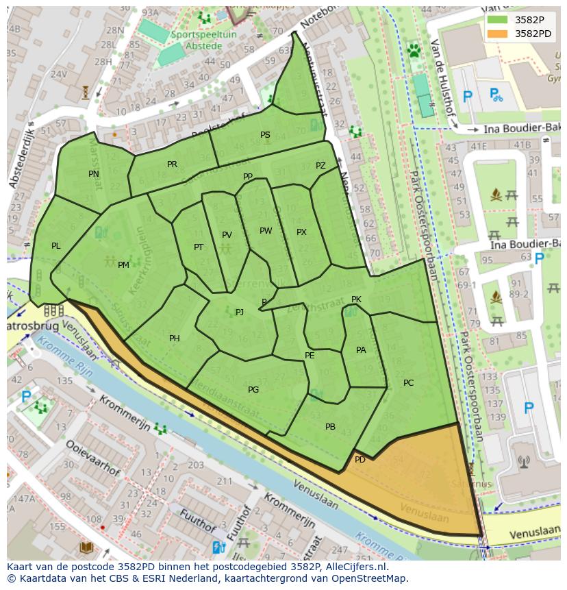 Afbeelding van het postcodegebied 3582 PD op de kaart.