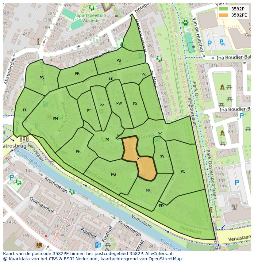 Afbeelding van het postcodegebied 3582 PE op de kaart.
