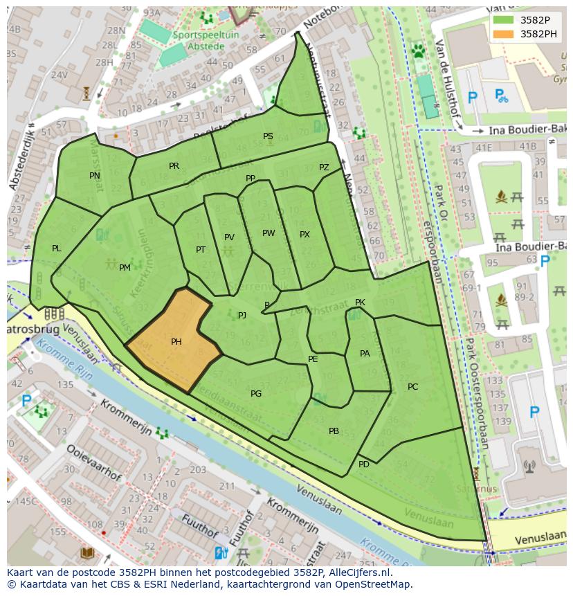 Afbeelding van het postcodegebied 3582 PH op de kaart.