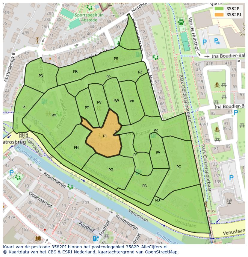 Afbeelding van het postcodegebied 3582 PJ op de kaart.