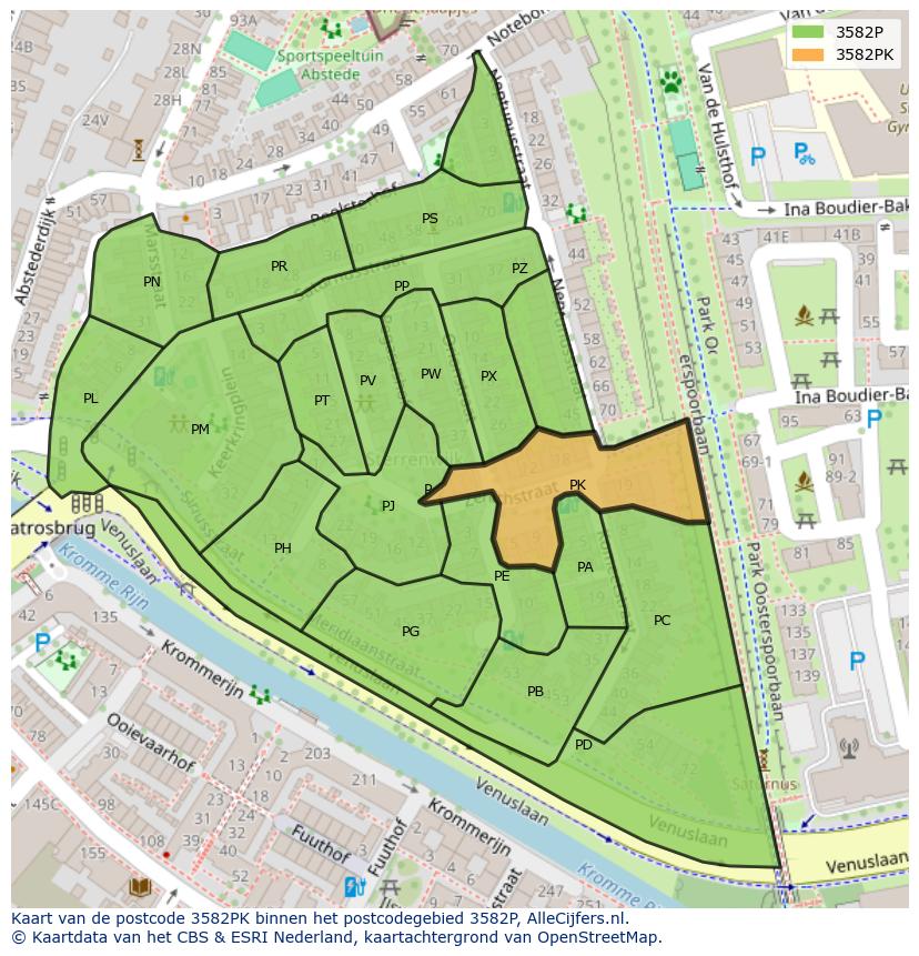 Afbeelding van het postcodegebied 3582 PK op de kaart.