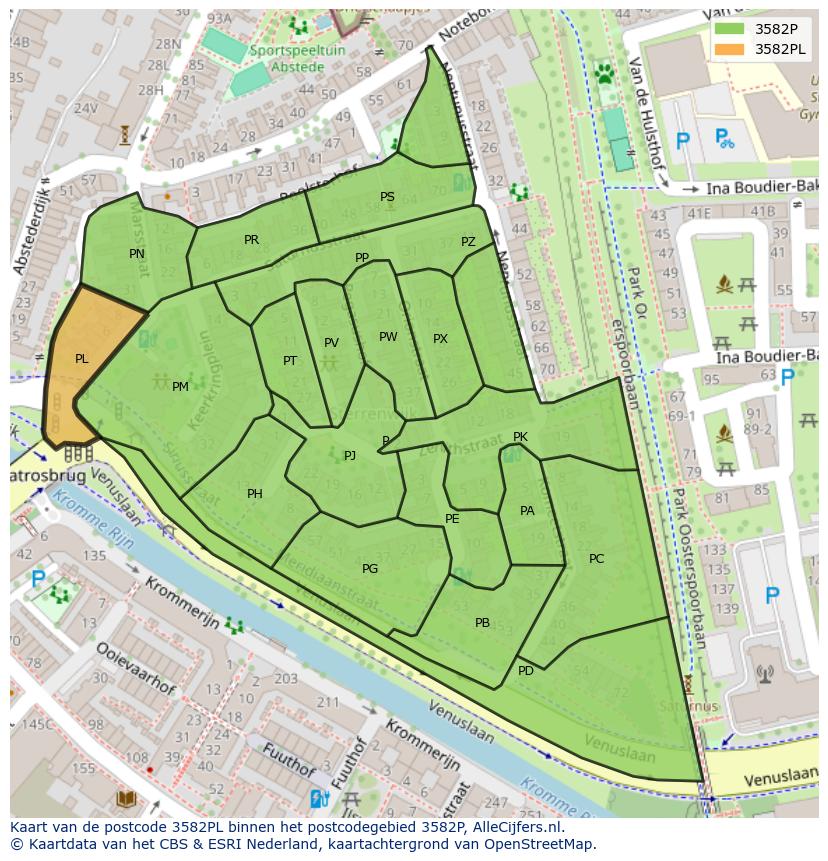 Afbeelding van het postcodegebied 3582 PL op de kaart.