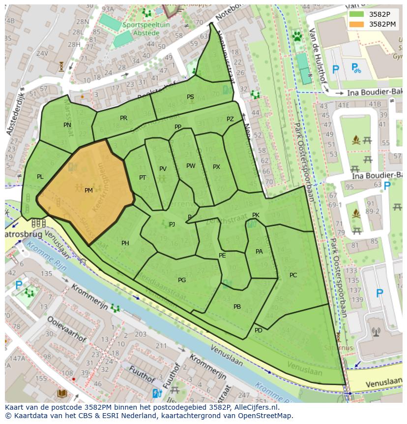 Afbeelding van het postcodegebied 3582 PM op de kaart.