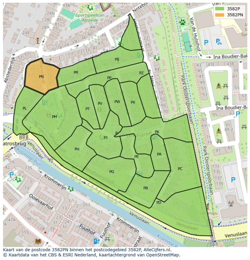 Afbeelding van het postcodegebied 3582 PN op de kaart.