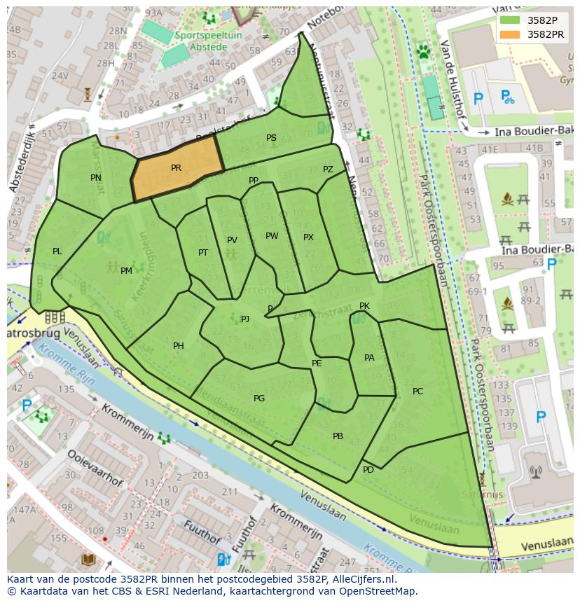 Afbeelding van het postcodegebied 3582 PR op de kaart.