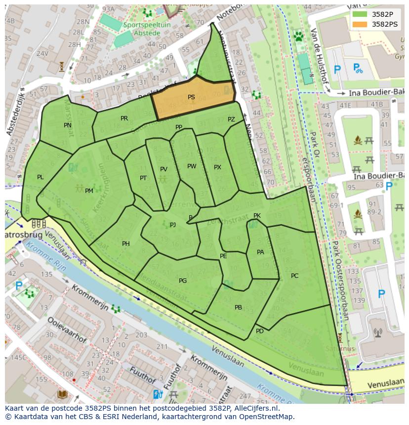 Afbeelding van het postcodegebied 3582 PS op de kaart.
