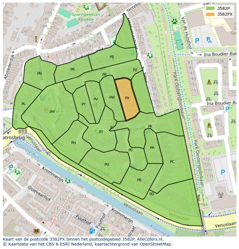 Afbeelding van het postcodegebied 3582 PX op de kaart.