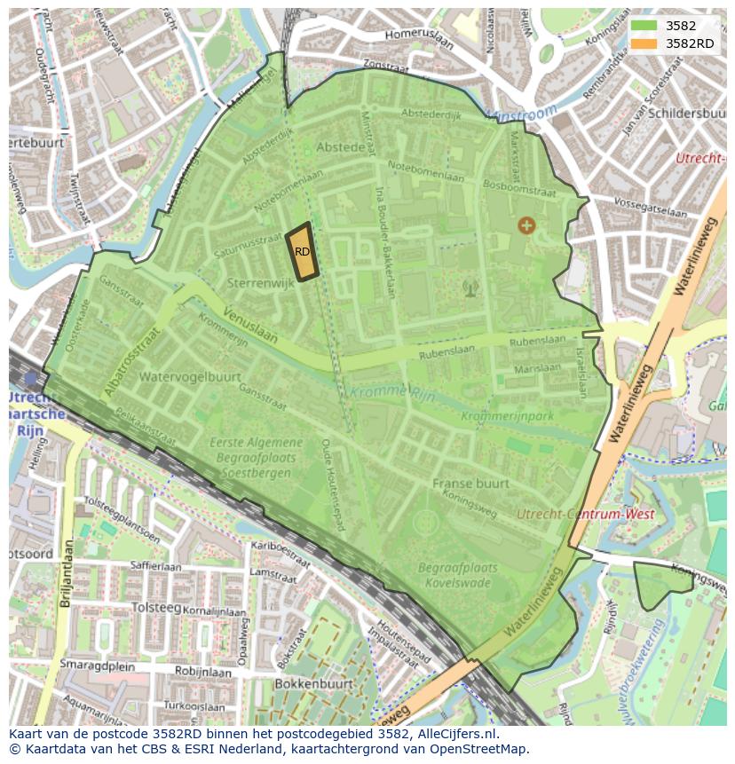 Afbeelding van het postcodegebied 3582 RD op de kaart.