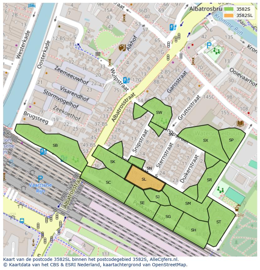 Afbeelding van het postcodegebied 3582 SL op de kaart.