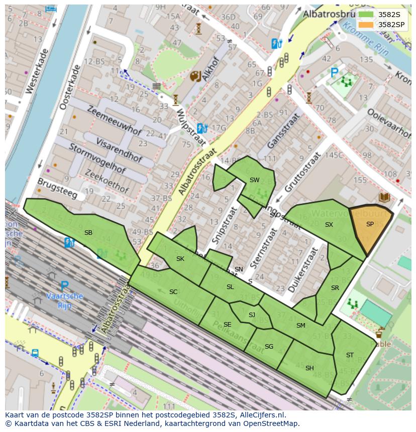 Afbeelding van het postcodegebied 3582 SP op de kaart.