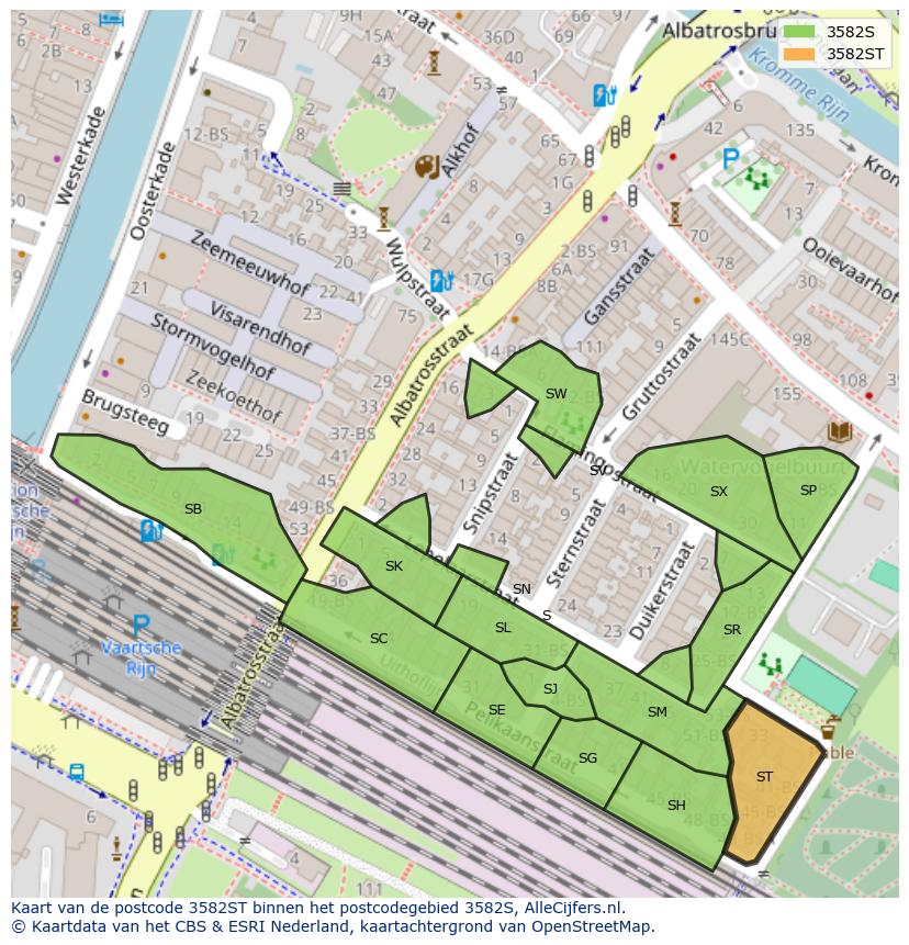 Afbeelding van het postcodegebied 3582 ST op de kaart.