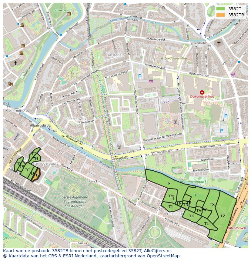 Afbeelding van het postcodegebied 3582 TB op de kaart.