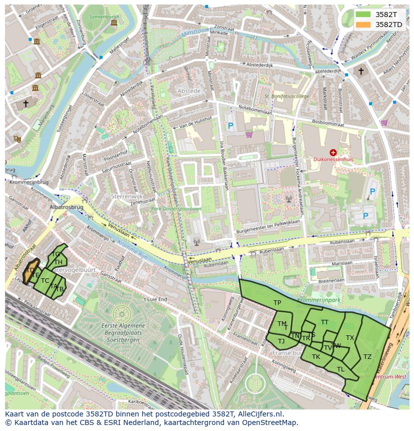 Afbeelding van het postcodegebied 3582 TD op de kaart.