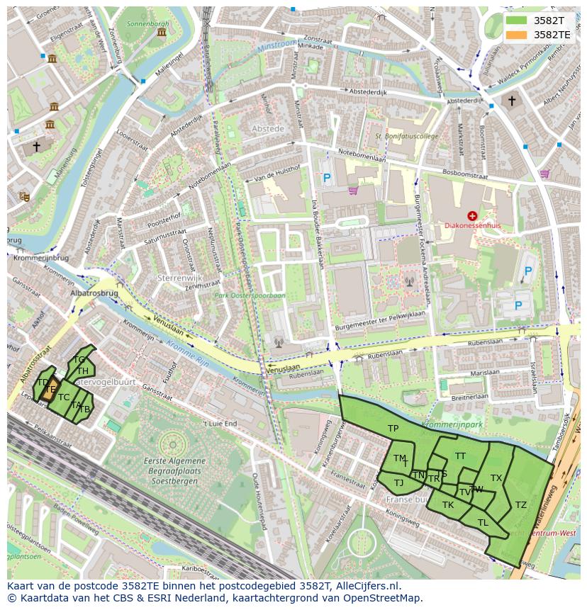 Afbeelding van het postcodegebied 3582 TE op de kaart.