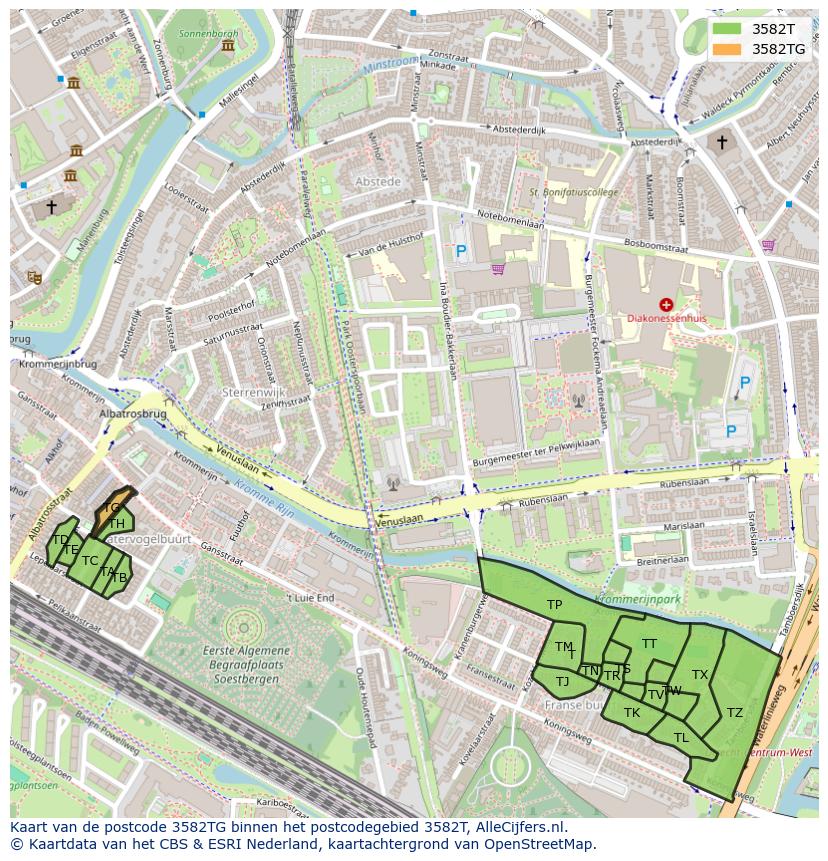 Afbeelding van het postcodegebied 3582 TG op de kaart.