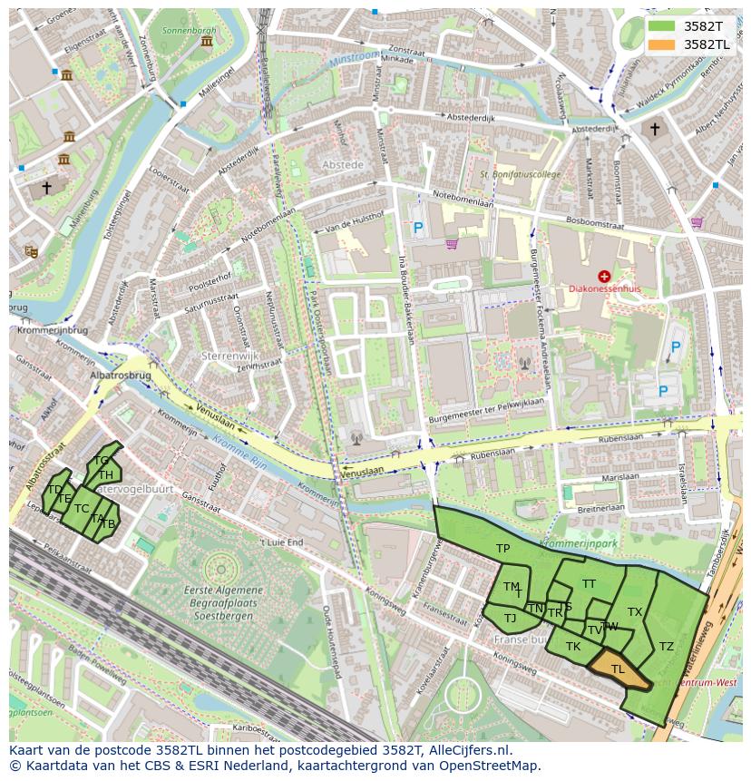 Afbeelding van het postcodegebied 3582 TL op de kaart.