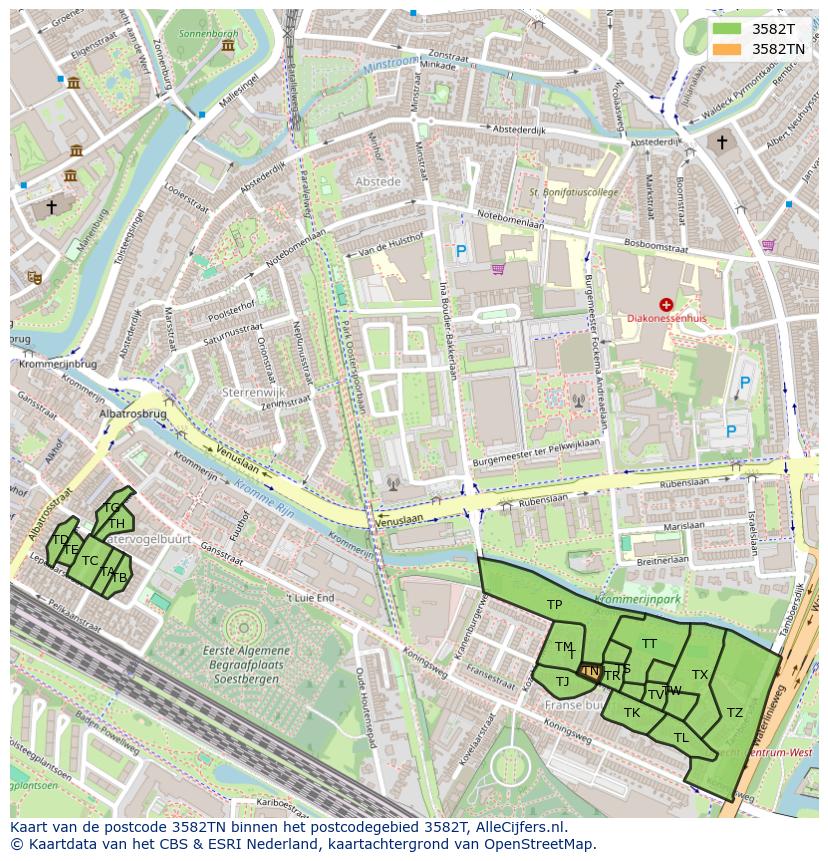 Afbeelding van het postcodegebied 3582 TN op de kaart.