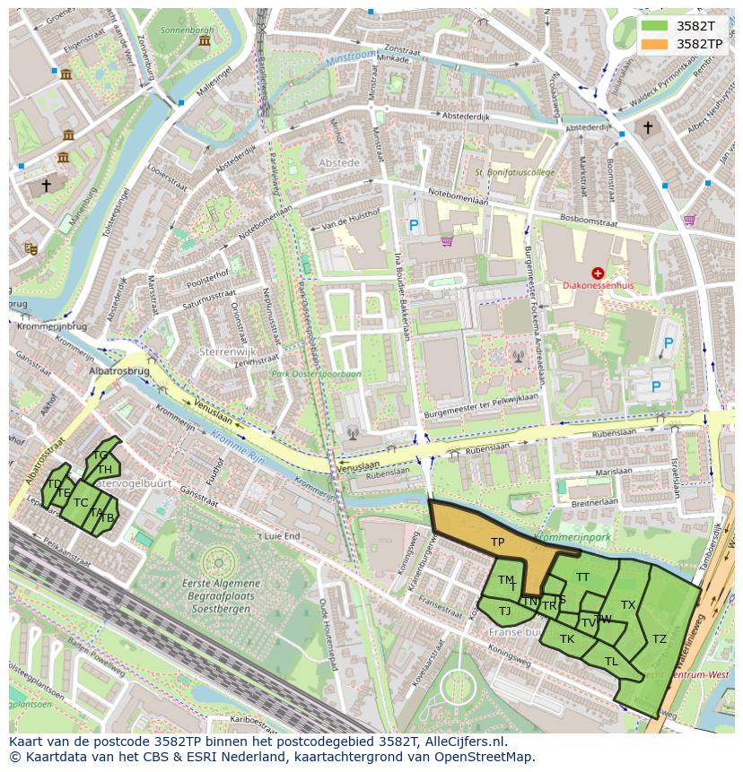 Afbeelding van het postcodegebied 3582 TP op de kaart.