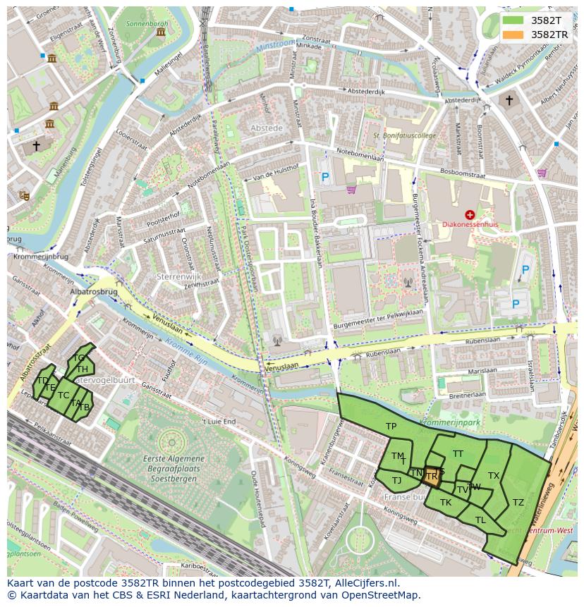 Afbeelding van het postcodegebied 3582 TR op de kaart.