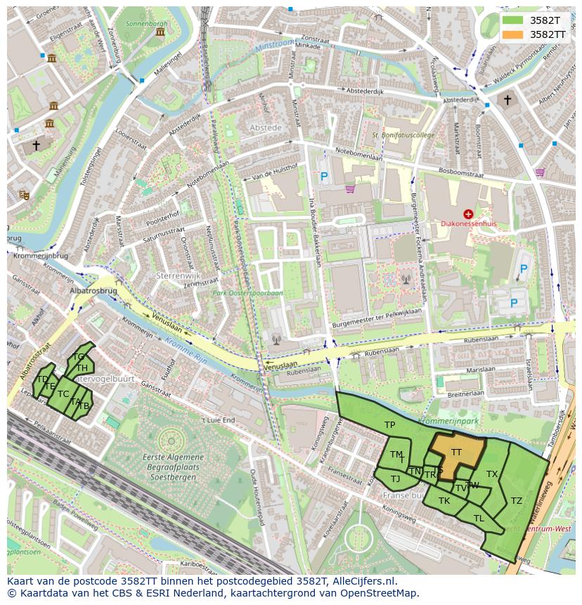 Afbeelding van het postcodegebied 3582 TT op de kaart.