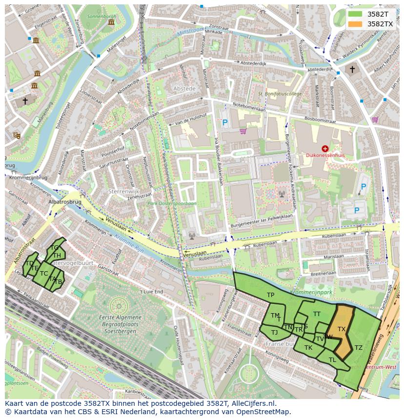 Afbeelding van het postcodegebied 3582 TX op de kaart.