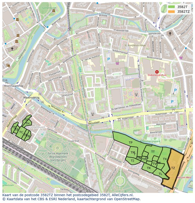 Afbeelding van het postcodegebied 3582 TZ op de kaart.