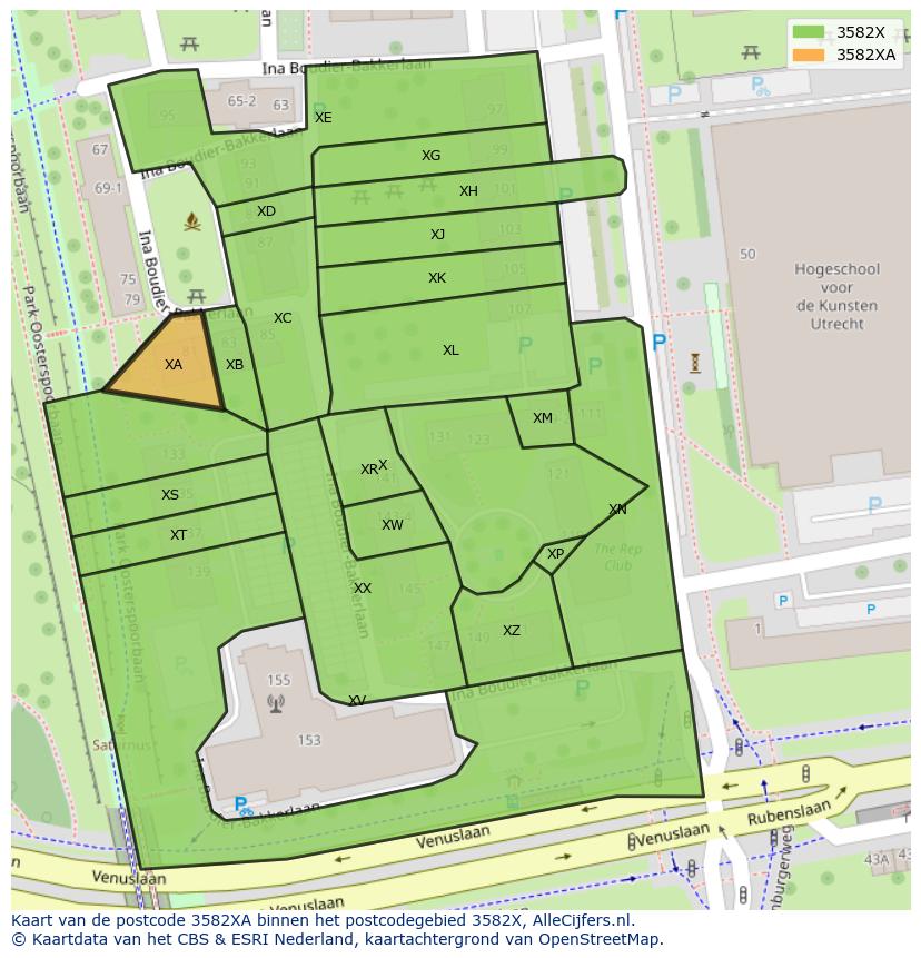 Afbeelding van het postcodegebied 3582 XA op de kaart.