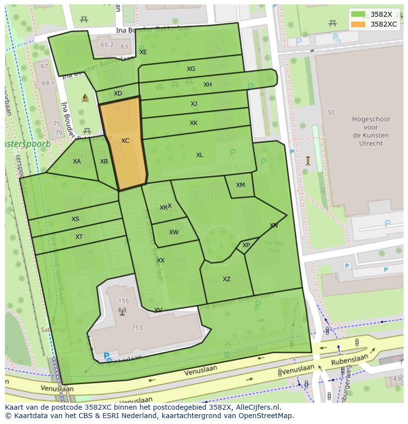 Afbeelding van het postcodegebied 3582 XC op de kaart.