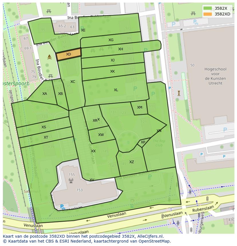 Afbeelding van het postcodegebied 3582 XD op de kaart.