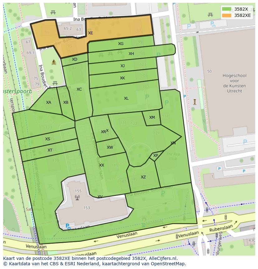 Afbeelding van het postcodegebied 3582 XE op de kaart.