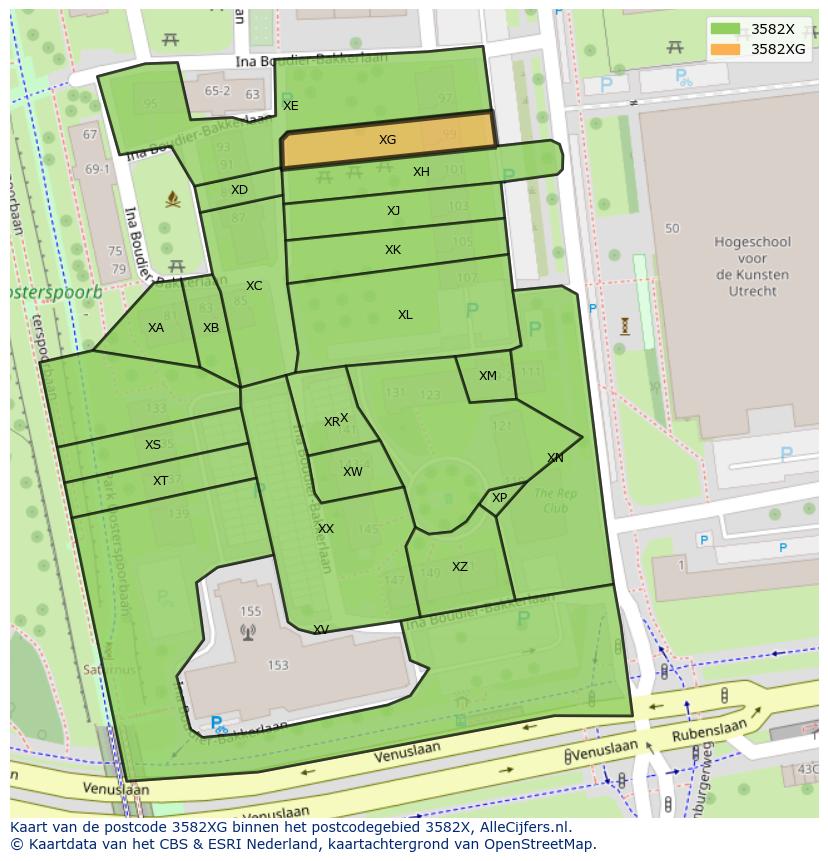 Afbeelding van het postcodegebied 3582 XG op de kaart.