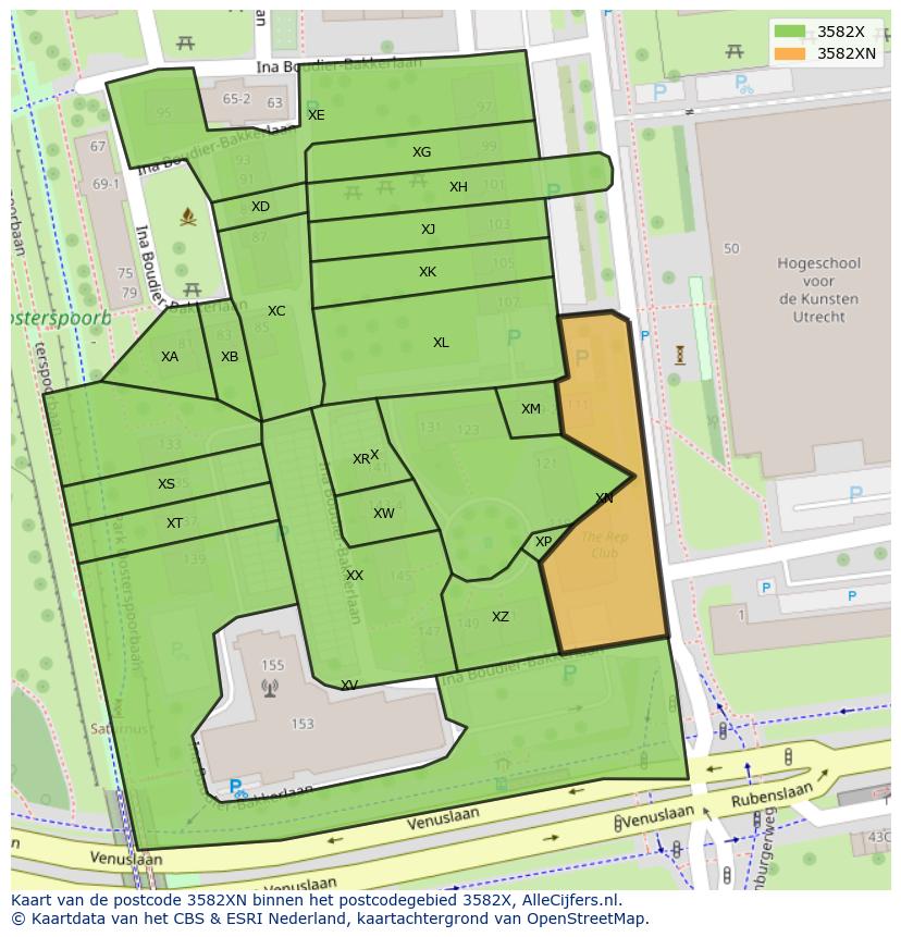Afbeelding van het postcodegebied 3582 XN op de kaart.