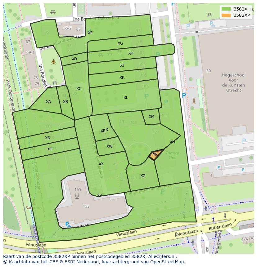 Afbeelding van het postcodegebied 3582 XP op de kaart.
