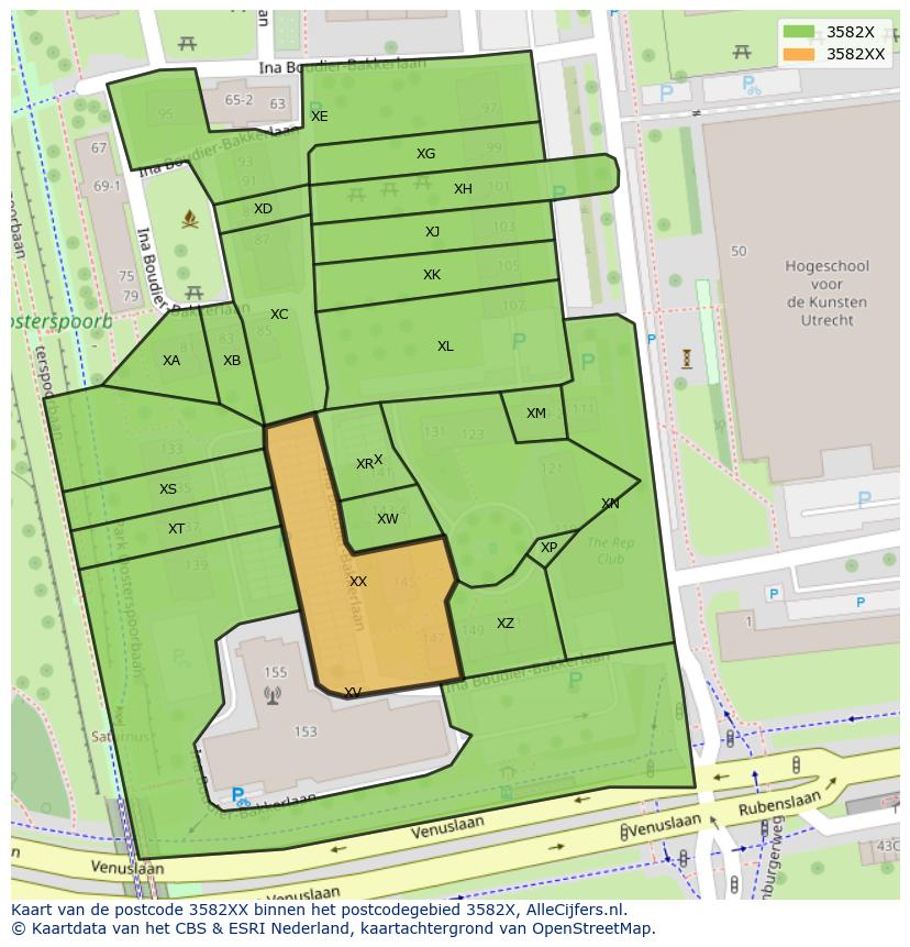 Afbeelding van het postcodegebied 3582 XX op de kaart.