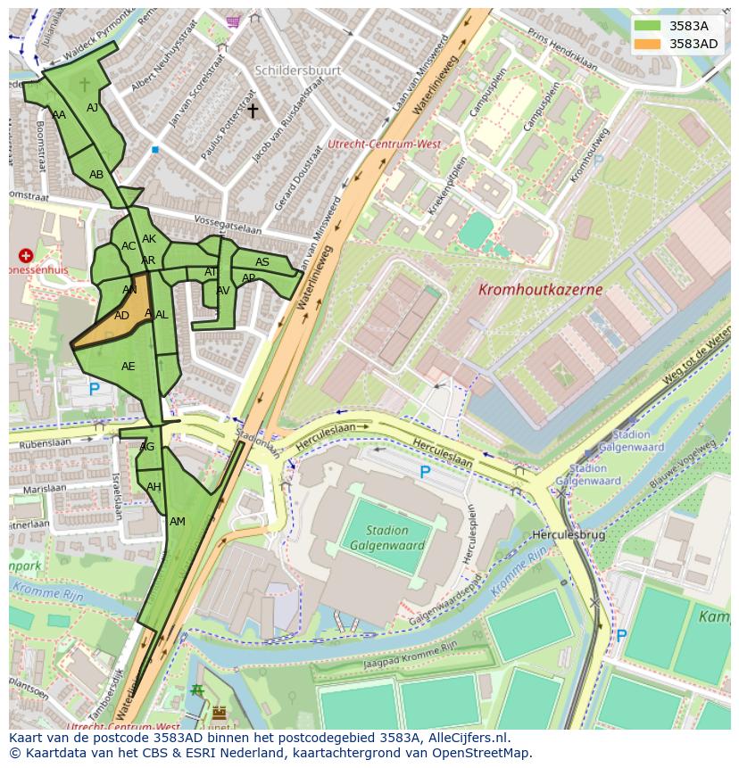 Afbeelding van het postcodegebied 3583 AD op de kaart.