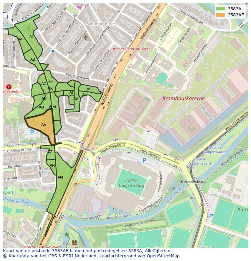 Afbeelding van het postcodegebied 3583 AE op de kaart.