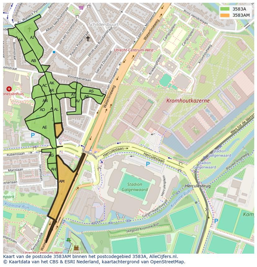 Afbeelding van het postcodegebied 3583 AM op de kaart.